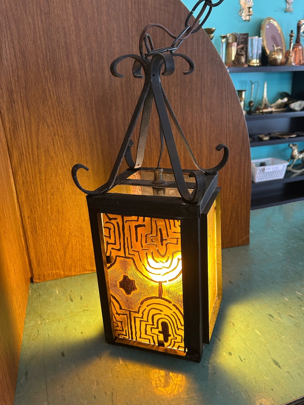 Vintage hanging light fixture Spanish revival gothic black metal yellow 1970’s